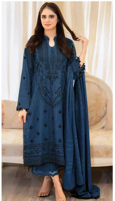 Royal blue Embroidered 3 - piece Dhanak suit - Ac/office Wear