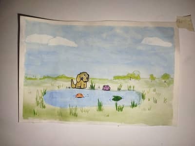 pup, fish & toad || watercolour painting original