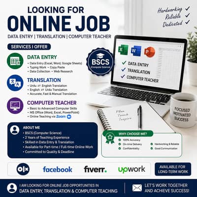 Looking for Job in Data Entry, Translation & Computer Teaching