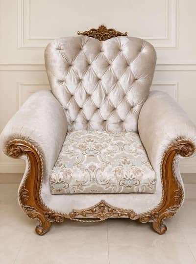 5 seater royal velvet sofa set 3+2+1+1 solid wood carved