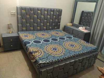 Modern Velvet Upholstered King Size Bed Set with Dressing and Chairs