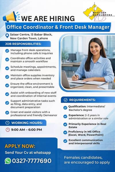 Need Office Coordinator & Front Desk Manager