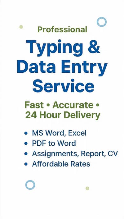 part time typist/CV making/assignment typing/Ms word  Excel/data entry
