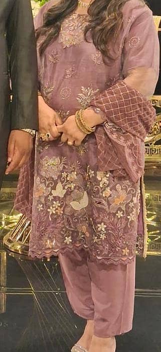 lilac purple fully embroidered shirt with plain trousers