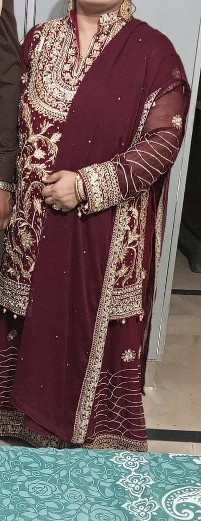 fully embroidered, maroon shirt trousers and dupatta