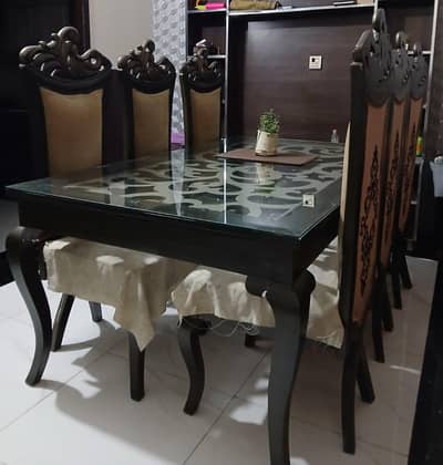 Dining Table (Glass top, wooden design) with 6 chairs Set