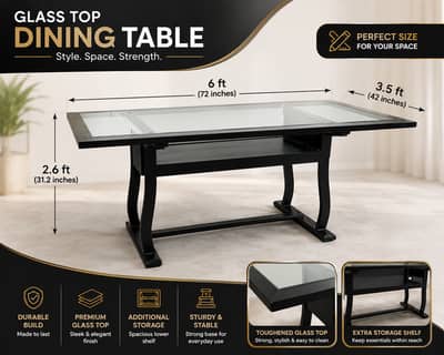 6 Seater Glass Top Dining Table | 6x3.5 Ft | Excellent Condition
