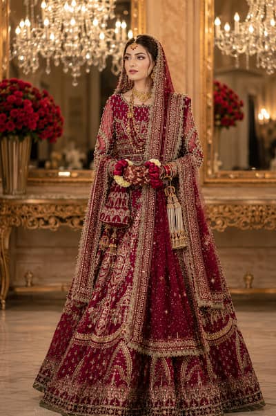 MNR Bridal Dress | Maroon Royal Barat Lehenga Set | Hand Embroidered