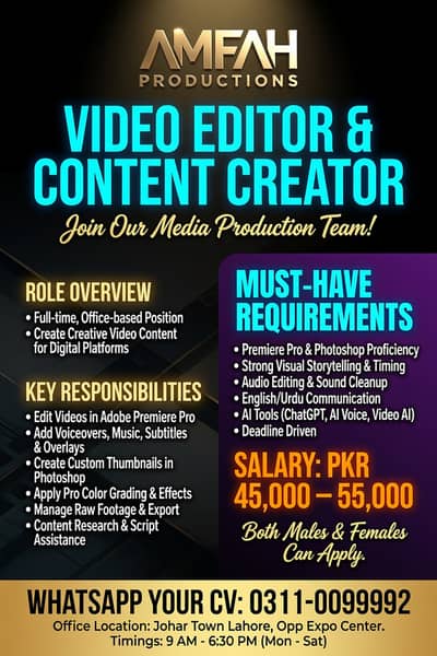 Video Editor & Content Creator ( Males & Females ) Lahore