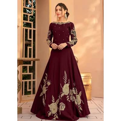 Maroon Embroidered Shamoz Silk Maxi Suit for Eid & Weddings