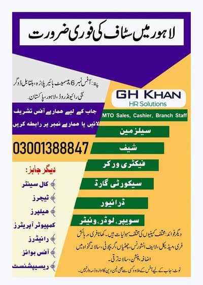 Jobs in Lahore Urgent Hiring | Salesman Cashier Factory Worker Jobs