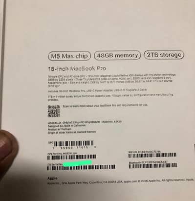MacBook Pro 16” M5 Max Ram 48 SSD 2 TB MGEE4 Apple warranty