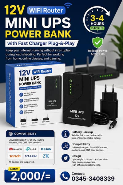 12V WiFi Router Mini UPS Power Bank (New Box Pack) Plug-&-Play