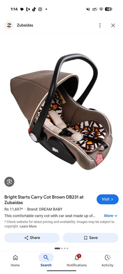 Comfortable baby carry cot