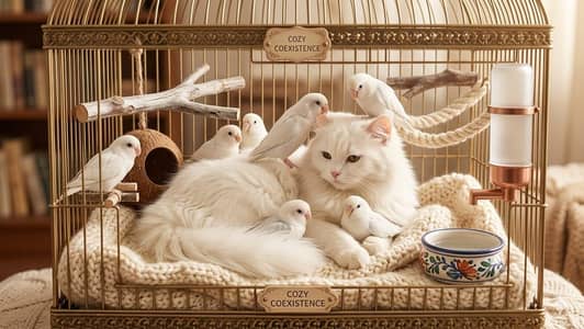 love birds with white female cat