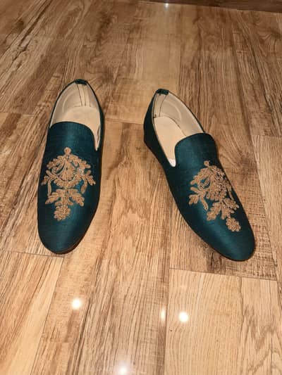 Premium dark teal embroidered loafers elegant wedding and party wears