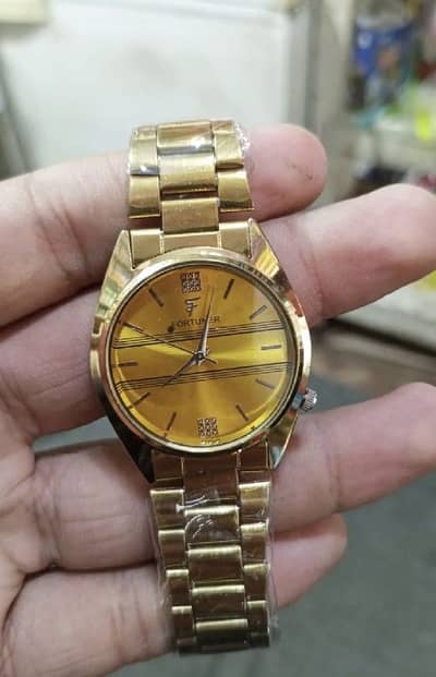 Gold Analog Wristwatch with Striped Dial & F Logo