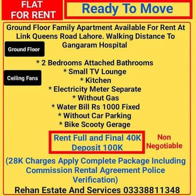 New Ground Floor Family Flat For Rent Near Gangaram Hospital Lahore