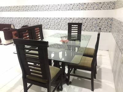 6 Seater Dining Table Set – Glass Top – Solid Wood Chairs