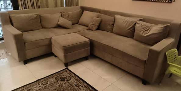 L shaped sofa set with sette' and cushions ( used )