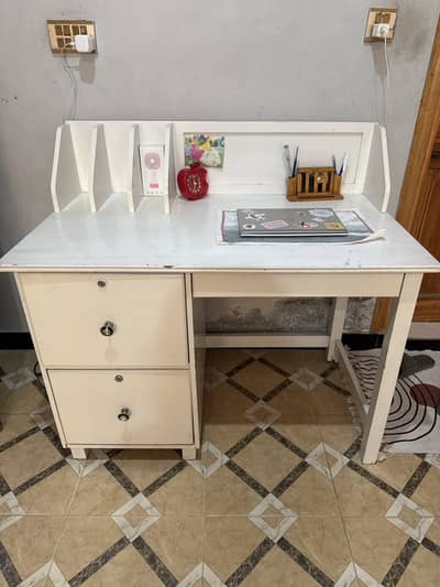 White Wooden Study Table / Desk with Matching Chair & Storage