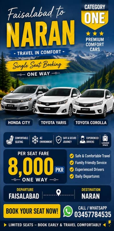 Faisalabad to Naran Single Seat Booking | Corolla, Yaris & Honda City