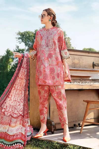 pink printed lawn shirt with chiffon Dupatta