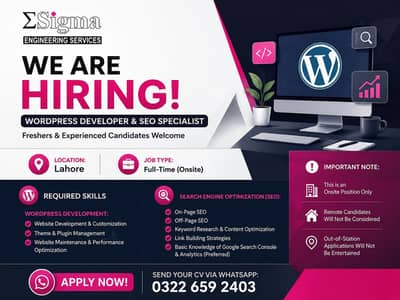 Wordpress Devoloper Job | SEO Job , Fresher/Expert, Lahore Job
