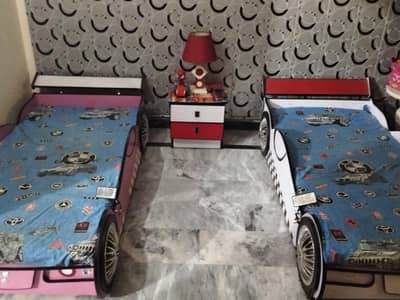 Kids Racing Car Beds (Set of 2) with 1 side table