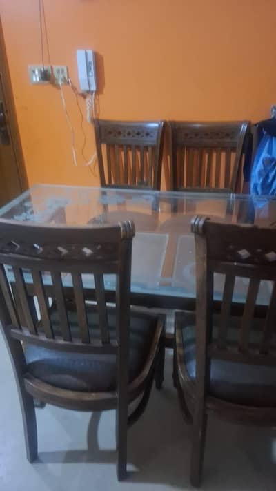 6 Seater Solid Wood Dining Table Set with Glass Top