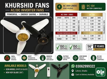 Khurshid AC DC Inverter Fan | 100% Copper Winding With Warranty
