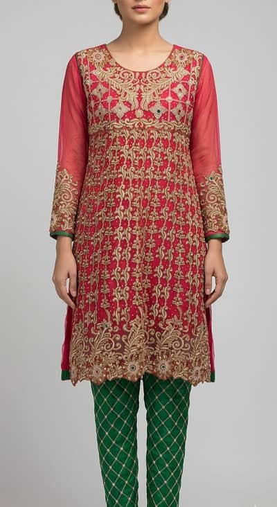 Stunning Fully Embroidered Red & Green 2pc Party Suit (Size: M)