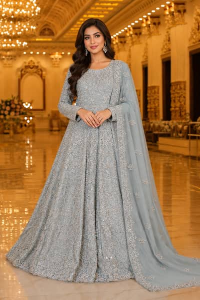 Designer Ice Blue Maxi / Gown | Luxury Formal Dress | Hand Embroidered