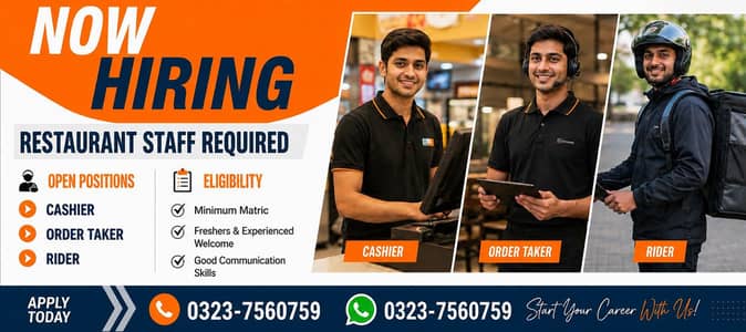 Cashier || Order Taker || Rider || Call Operator ,  Restaurant Jobs