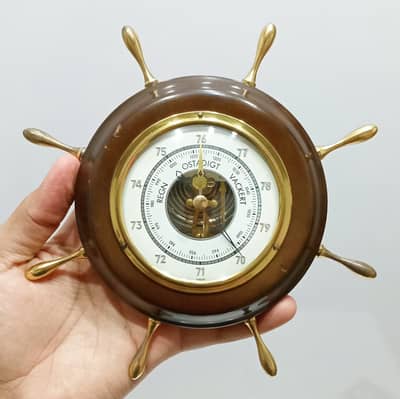 1970s Ship Wheel Aneroid Barometer in Brass and Wood Construction