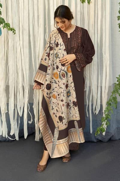 Brown Embroidered Lawn 3Pcs Set for Women