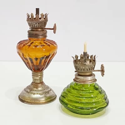 1960s Set of Two Small Glass Kerosene Oil Lamps | Made in Hong Kong