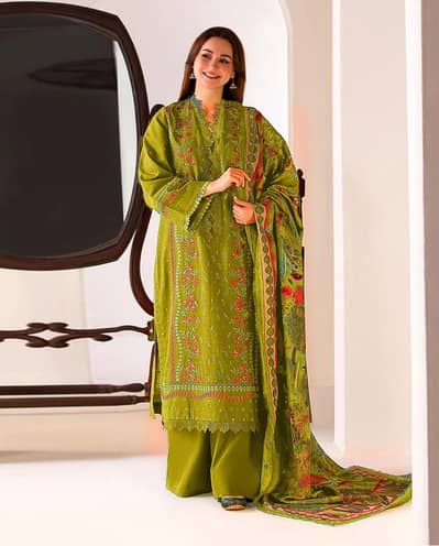 Green Embroidered 3 piece dhanak suit for women delivery free