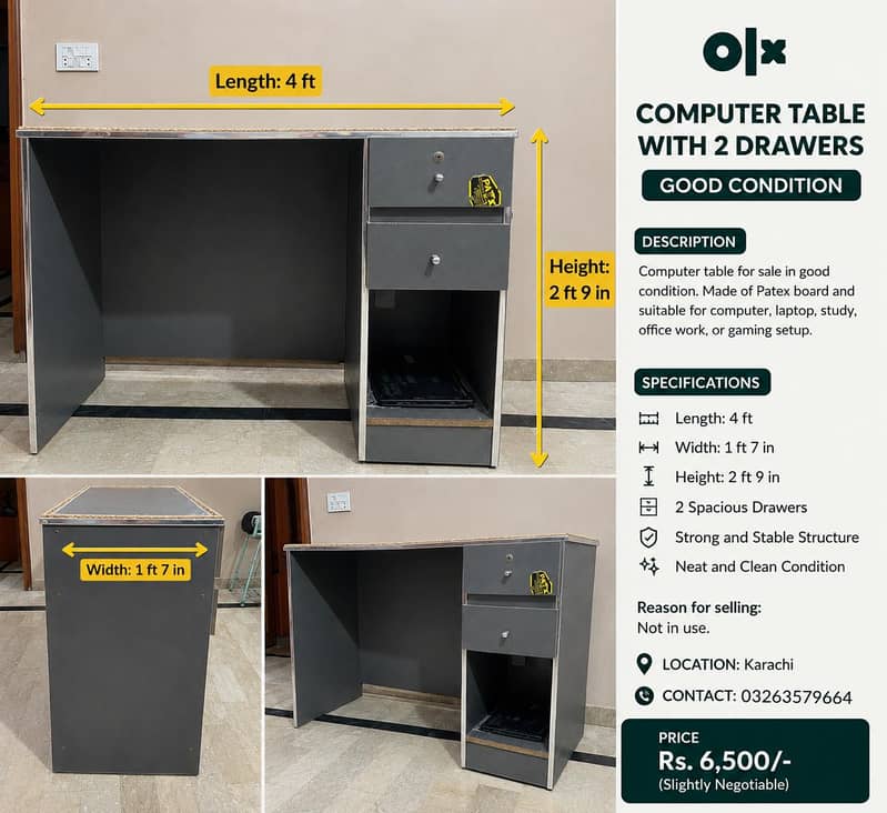 Computer Table with 2 Drawers 0