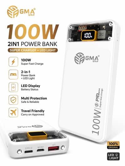 100W Fast charging power bank digital display 2 in 1 charging+light