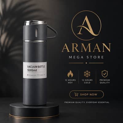 500ml Stainless Steel Vacuum Flask Water Bottle With 2 Extra Cups