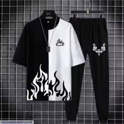 Men’s 2 Pcs Black Printed Polyester Track Suit | Round Neck T-Shirt &