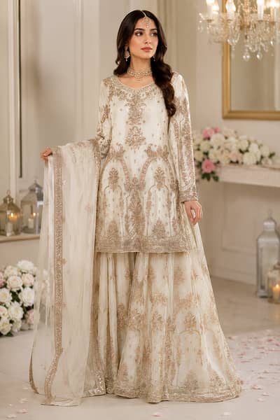 Luxury Ivory & Gold Embroidered 3 Piece Bridal Dress | Farshi Gharara