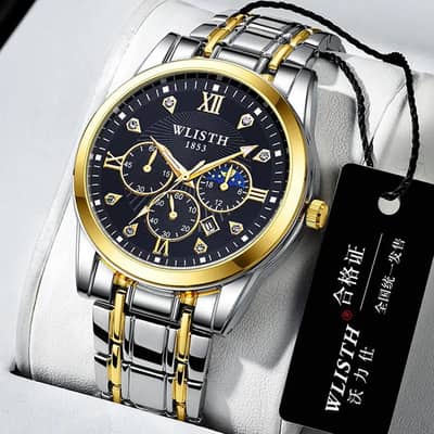 Man's Luxurious Gold Steel Watch With Calendar and Waterproof