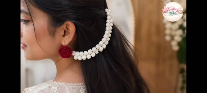 Handmade Crochet Gajra & Earrings Set – Bridal Hair Accessory