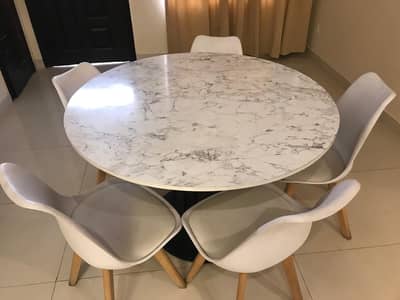 White Marble Textured Dining Table with 5 chairs