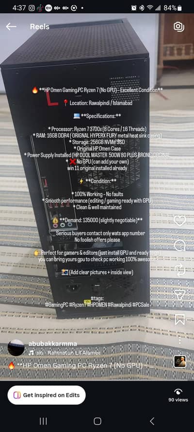 HP Omen Gaming Desktop Ryzen 7 3700X 16GB DDR4 SSD NVMe WIFI BLUE Thoo