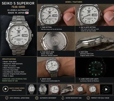 Seiko 5 Superior Automatic 23 Jewels Japan 7S36-5000