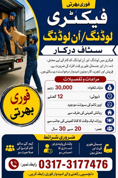 Fact0ry Loading | Unloading Job | Staff Required Job in Lahore