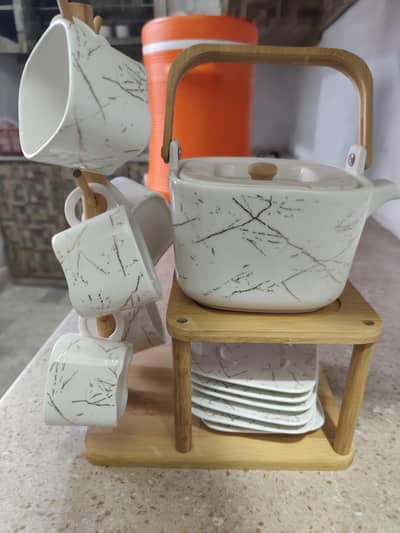 White marble pattern elegant ceramic tea set with Wooden stand